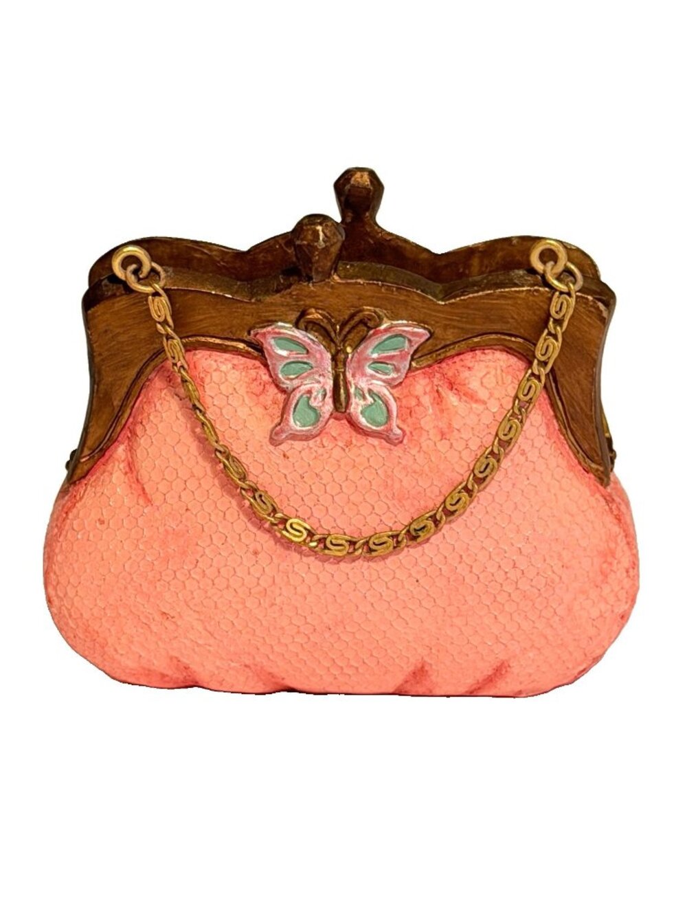 Russ Berrie Vintage Miniature Purse Pink Butterfly 3" Resin Name Card Holder